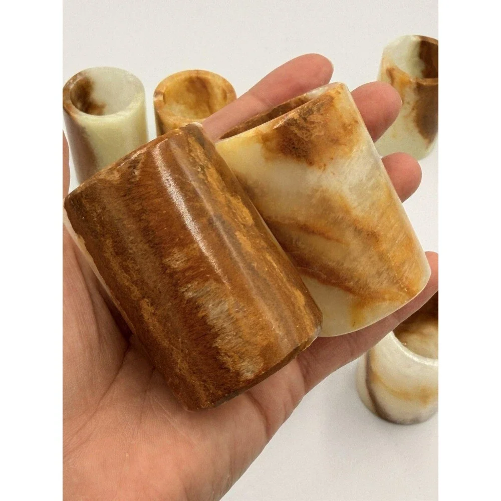Vintage Banded Onyx Stone Shot Glass Set 6 Tequila Sake Cups w/ 7
